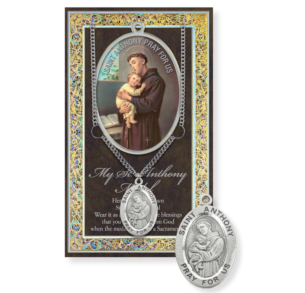 Saint Anthony Genuine Pewter Medal on a 24" Chain with Biography and Picture Folder 
