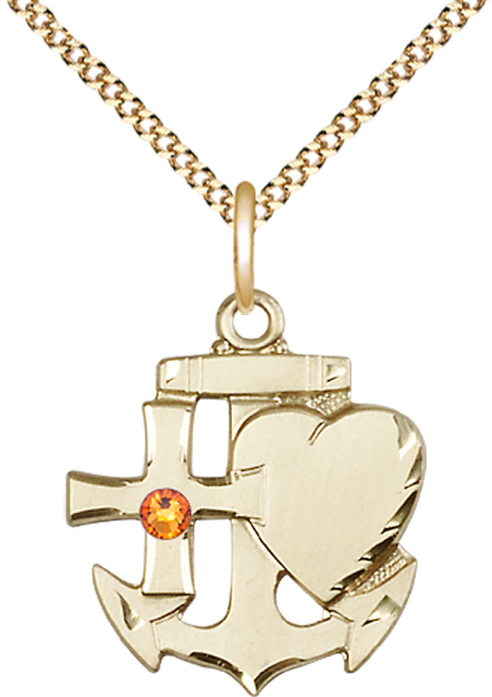 14kt Gold Filled Faith, Hope &amp; Charity Pendant with a 3mm Topaz Swarovski stone on a 18 inch Gold Plate Light Curb chain