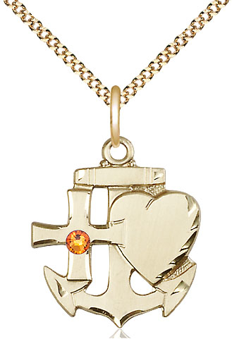 14kt Gold Filled Faith, Hope &amp; Charity Pendant with a 3mm Topaz Swarovski stone on a 18 inch Gold Plate Light Curb chain