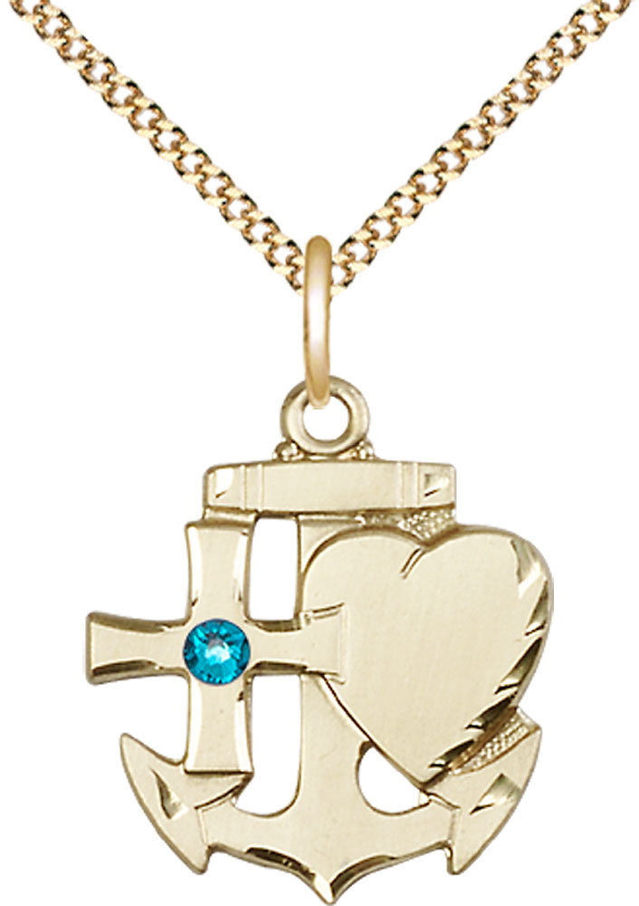 14kt Gold Filled Faith, Hope &amp; Charity Pendant with a 3mm Zircon Swarovski stone on a 18 inch Gold Plate Light Curb chain