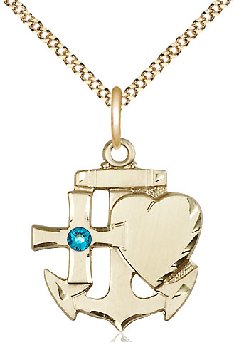 14kt Gold Filled Faith, Hope &amp; Charity Pendant with a 3mm Zircon Swarovski stone on a 18 inch Gold Plate Light Curb chain