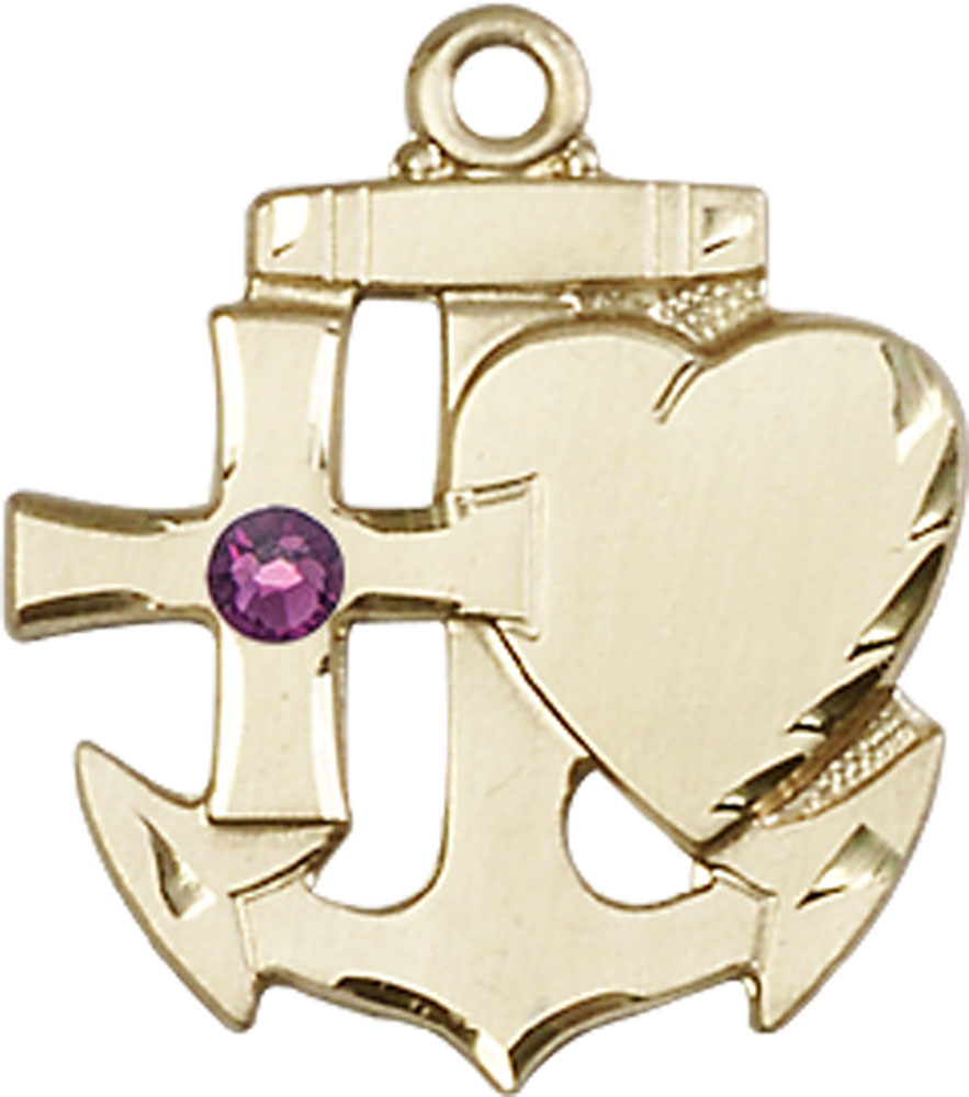 14kt Gold Filled Faith, Hope &amp; Charity Medal with a 3mm Amethyst Swarovski stone