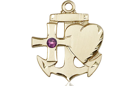 14kt Gold Filled Faith, Hope &amp; Charity Medal with a 3mm Amethyst Swarovski stone