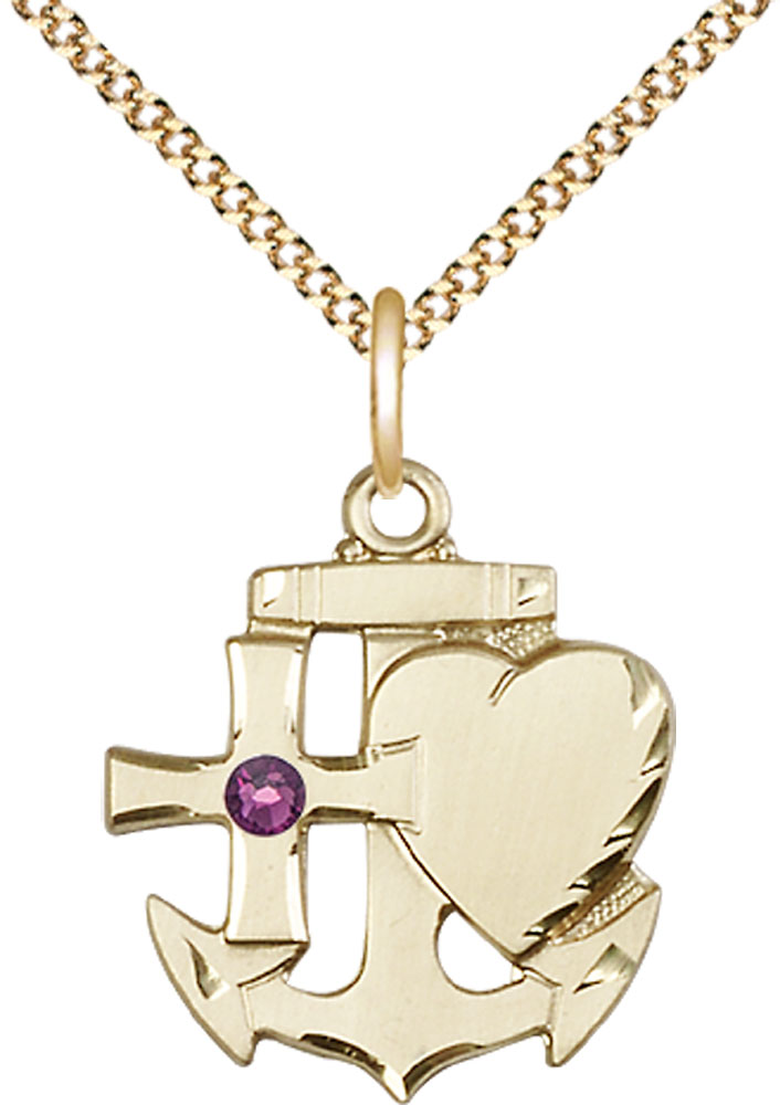 14kt Gold Filled Faith, Hope &amp; Charity Pendant with a 3mm Amethyst Swarovski stone on a 18 inch Gold Plate Light Curb chain