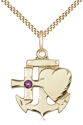 14kt Gold Filled Faith, Hope &amp; Charity Pendant with a 3mm Amethyst Swarovski stone on a 18 inch Gold Plate Light Curb chain