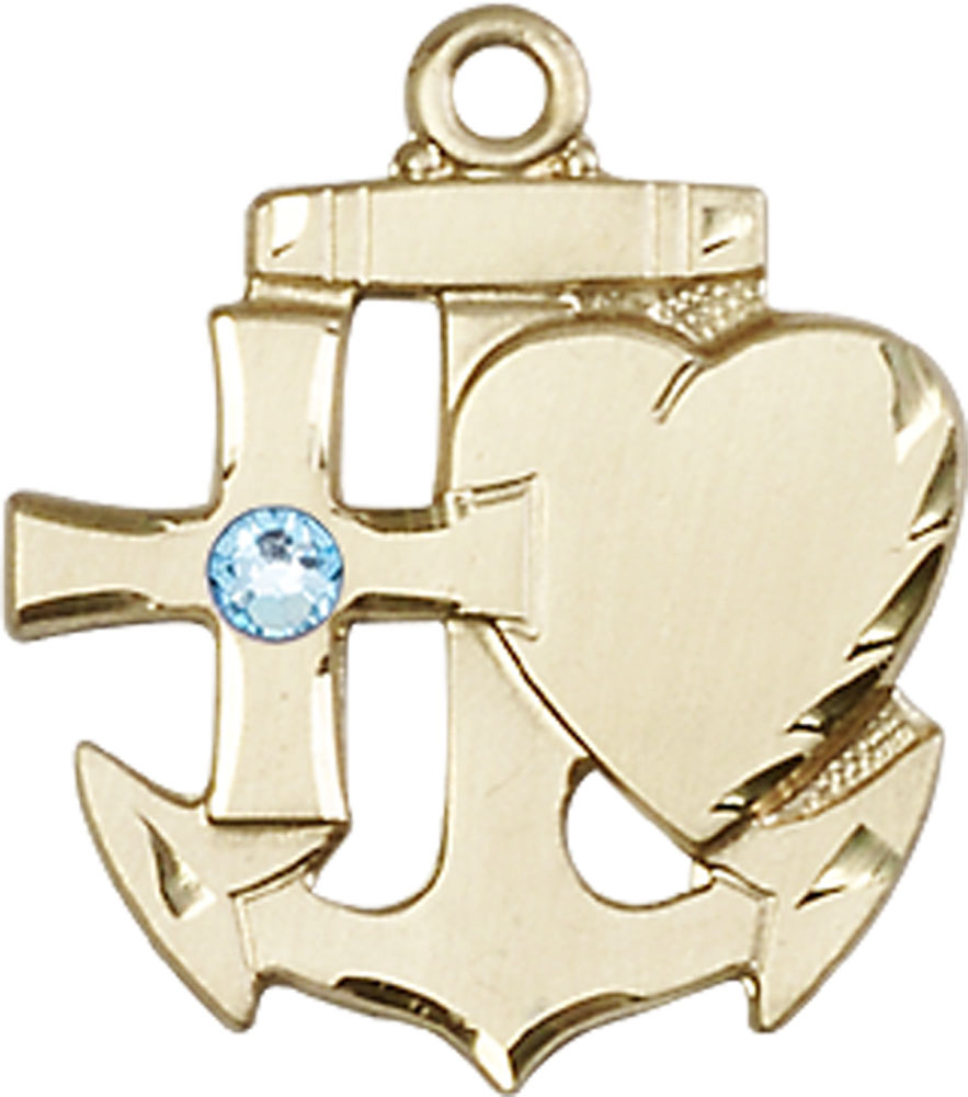 14kt Gold Filled Faith, Hope &amp; Charity Medal with a 3mm Aqua Swarovski stone