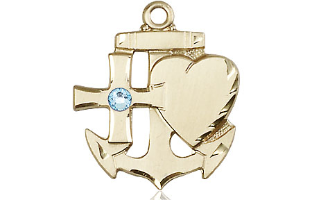 14kt Gold Filled Faith, Hope &amp; Charity Medal with a 3mm Aqua Swarovski stone