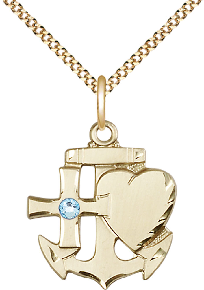 14kt Gold Filled Faith, Hope &amp; Charity Pendant with a 3mm Aqua Swarovski stone on a 18 inch Gold Plate Light Curb chain