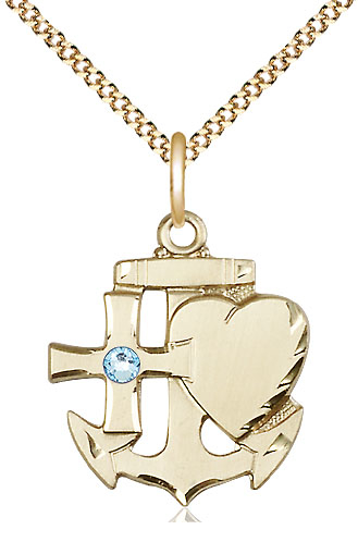 14kt Gold Filled Faith, Hope &amp; Charity Pendant with a 3mm Aqua Swarovski stone on a 18 inch Gold Plate Light Curb chain