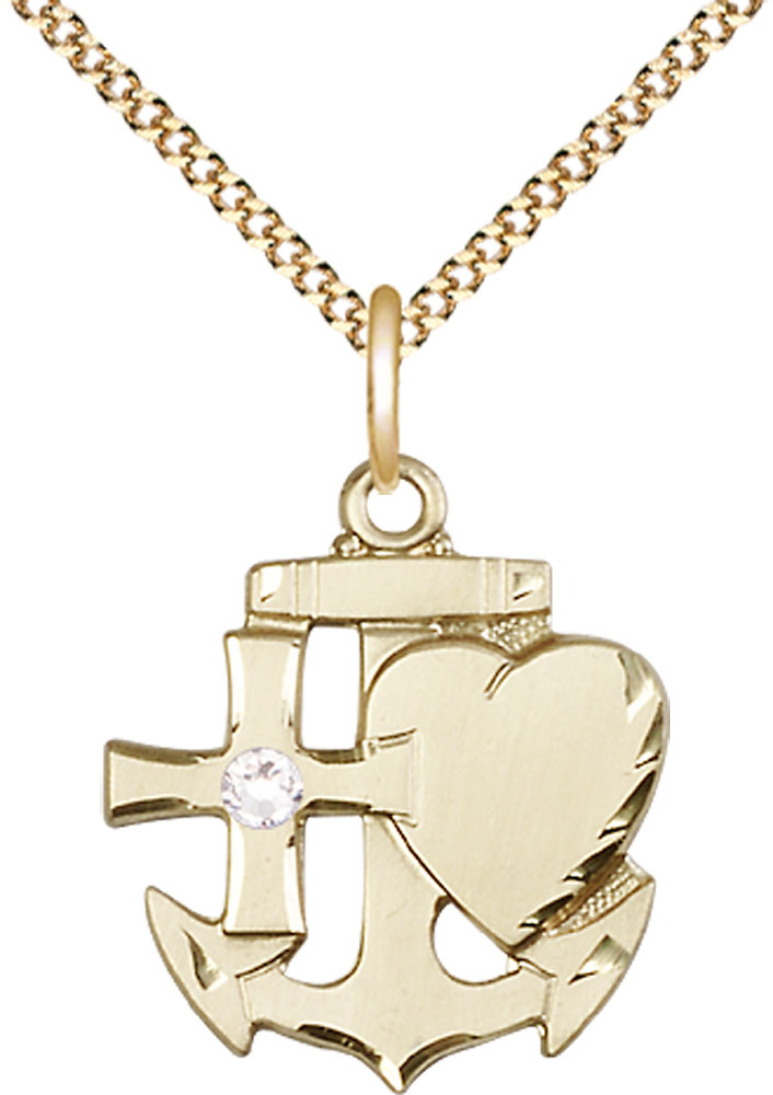 14kt Gold Filled Faith, Hope &amp; Charity Pendant with a 3mm Crystal Swarovski stone on a 18 inch Gold Plate Light Curb chain