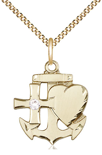 14kt Gold Filled Faith, Hope &amp; Charity Pendant with a 3mm Crystal Swarovski stone on a 18 inch Gold Plate Light Curb chain