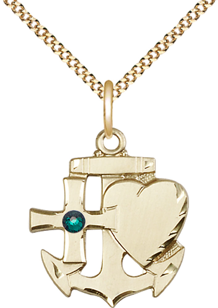 14kt Gold Filled Faith, Hope &amp; Charity Pendant with a 3mm Emerald Swarovski stone on a 18 inch Gold Plate Light Curb chain