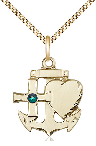 14kt Gold Filled Faith, Hope &amp; Charity Pendant with a 3mm Emerald Swarovski stone on a 18 inch Gold Plate Light Curb chain