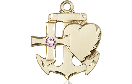 14kt Gold Filled Faith, Hope &amp; Charity Medal with a 3mm Light Amethyst Swarovski stone