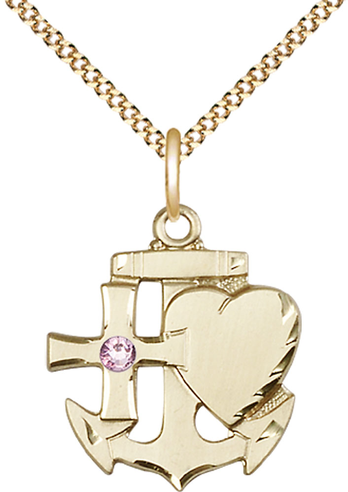 14kt Gold Filled Faith, Hope &amp; Charity Pendant with a 3mm Light Amethyst Swarovski stone on a 18 inch Gold Plate Light Curb chain