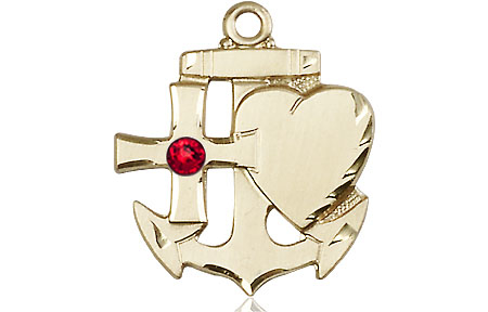 14kt Gold Filled Faith, Hope &amp; Charity Medal with a 3mm Ruby Swarovski stone