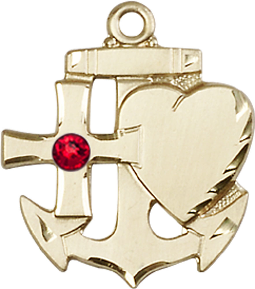 14kt Gold Filled Faith, Hope &amp; Charity Medal with a 3mm Ruby Swarovski stone