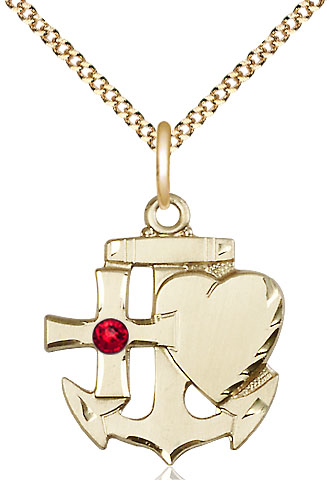 14kt Gold Filled Faith, Hope &amp; Charity Pendant with a 3mm Ruby Swarovski stone on a 18 inch Gold Plate Light Curb chain