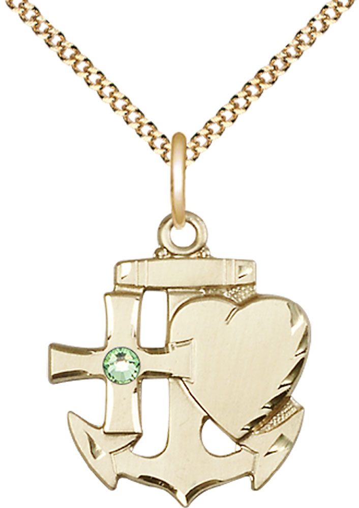 14kt Gold Filled Faith, Hope &amp; Charity Pendant with a 3mm Peridot Swarovski stone on a 18 inch Gold Plate Light Curb chain