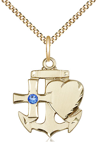 14kt Gold Filled Faith, Hope &amp; Charity Pendant with a 3mm Sapphire Swarovski stone on a 18 inch Gold Plate Light Curb chain