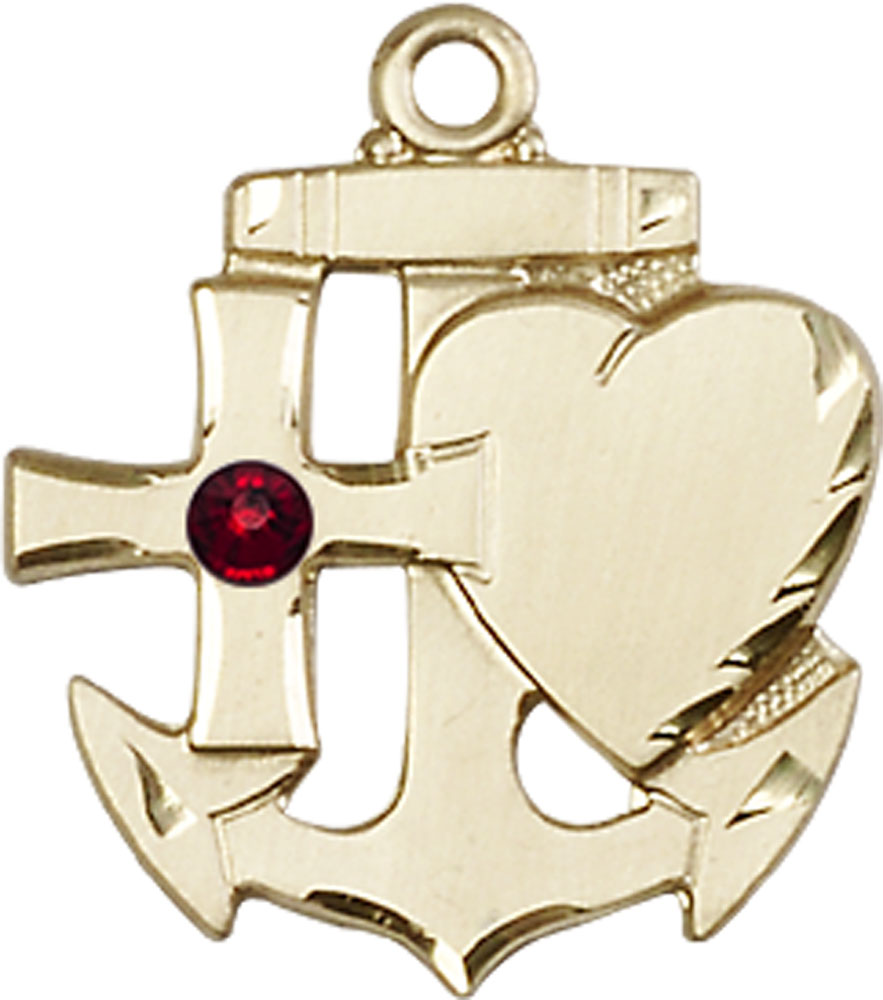 14kt Gold Faith, Hope &amp; Charity Medal with a 3mm Garnet Swarovski stone