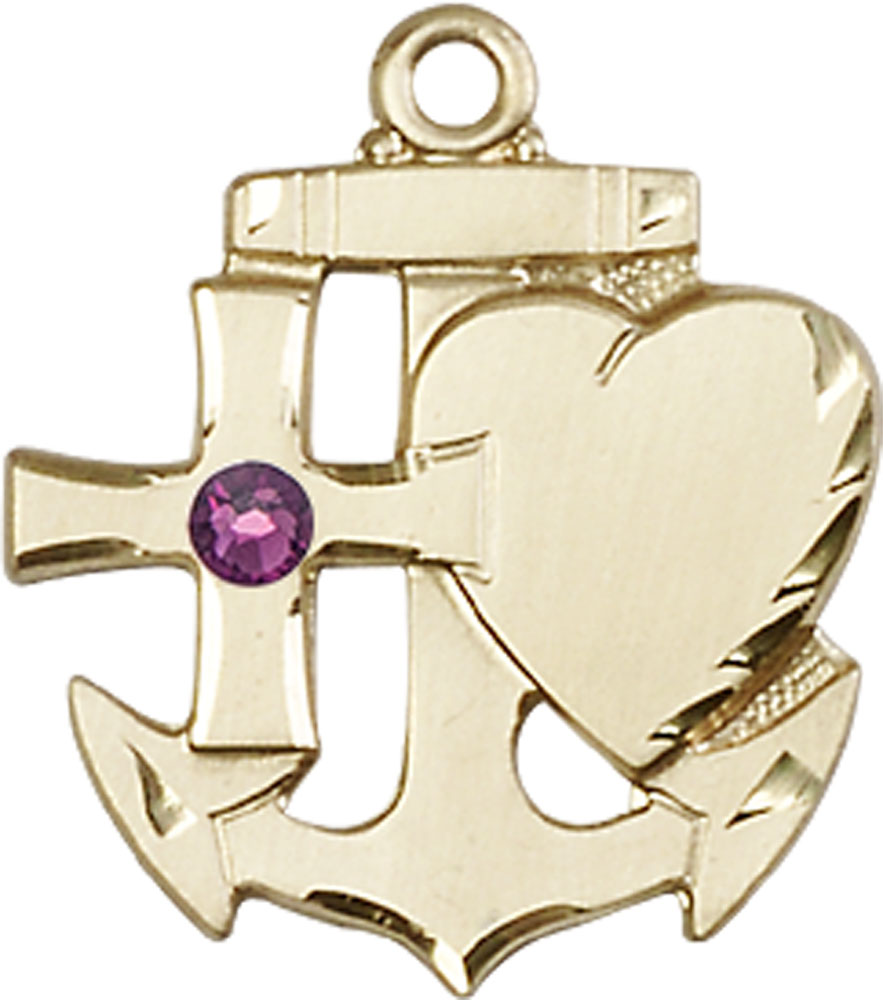 14kt Gold Faith, Hope &amp; Charity Medal with a 3mm Amethyst Swarovski stone