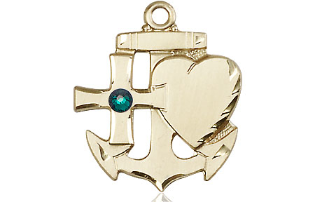 14kt Gold Faith, Hope &amp; Charity Medal with a 3mm Emerald Swarovski stone
