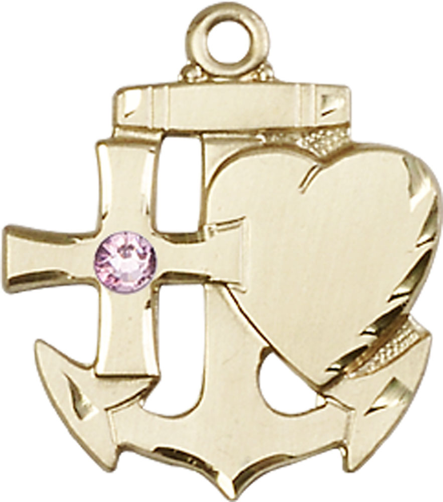 14kt Gold Faith, Hope &amp; Charity Medal with a 3mm Light Amethyst Swarovski stone