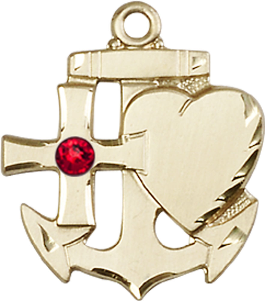 14kt Gold Faith, Hope &amp; Charity Medal with a 3mm Ruby Swarovski stone
