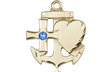 14kt Gold Faith, Hope &amp; Charity Medal with a 3mm Sapphire Swarovski stone