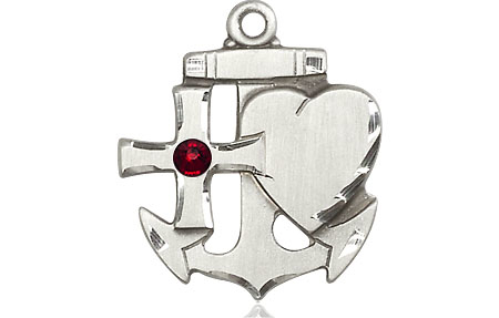 Sterling Silver Faith, Hope &amp; Charity Medal with a 3mm Garnet Swarovski stone