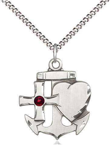 Sterling Silver Faith, Hope &amp; Charity Pendant with a 3mm Garnet Swarovski stone on a 18 inch Light Rhodium Light Curb chain