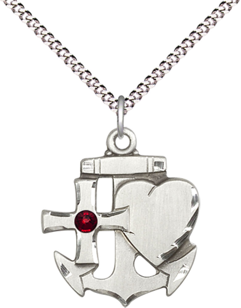 Sterling Silver Faith, Hope &amp; Charity Pendant with a 3mm Garnet Swarovski stone on a 18 inch Light Rhodium Light Curb chain