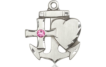 Sterling Silver Faith, Hope &amp; Charity Medal with a 3mm Rose Swarovski stone