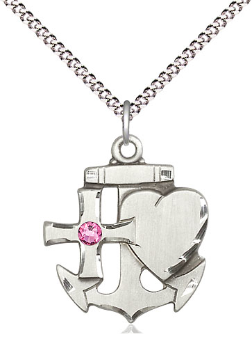 Sterling Silver Faith, Hope &amp; Charity Pendant with a 3mm Rose Swarovski stone on a 18 inch Light Rhodium Light Curb chain