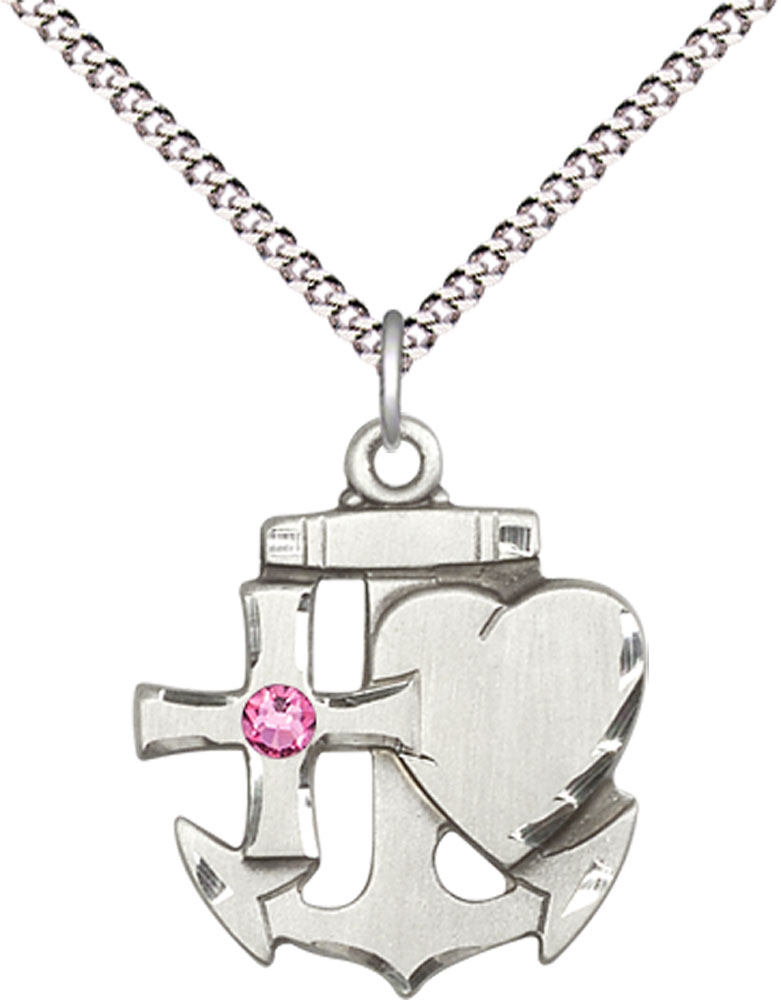 Sterling Silver Faith, Hope &amp; Charity Pendant with a 3mm Rose Swarovski stone on a 18 inch Light Rhodium Light Curb chain