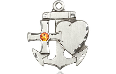 Sterling Silver Faith, Hope &amp; Charity Medal with a 3mm Topaz Swarovski stone