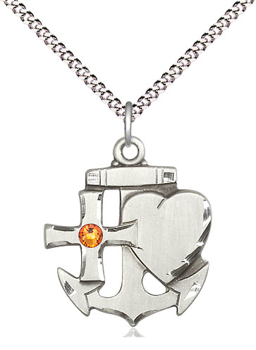 Sterling Silver Faith, Hope &amp; Charity Pendant with a 3mm Topaz Swarovski stone on a 18 inch Light Rhodium Light Curb chain