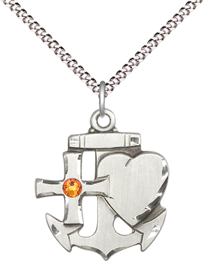 Sterling Silver Faith, Hope &amp; Charity Pendant with a 3mm Topaz Swarovski stone on a 18 inch Light Rhodium Light Curb chain