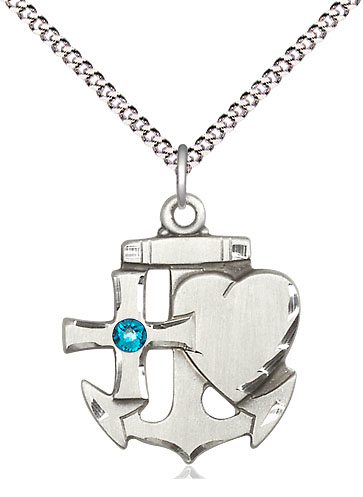 Sterling Silver Faith, Hope &amp; Charity Pendant with a 3mm Zircon Swarovski stone on a 18 inch Light Rhodium Light Curb chain