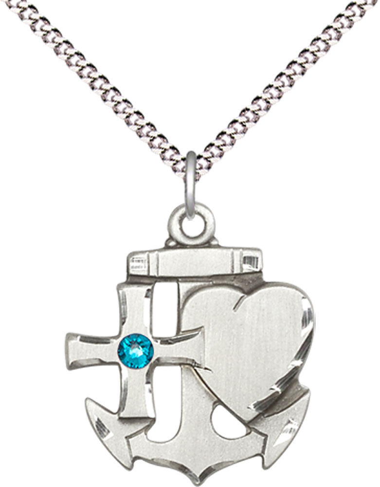 Sterling Silver Faith, Hope &amp; Charity Pendant with a 3mm Zircon Swarovski stone on a 18 inch Light Rhodium Light Curb chain