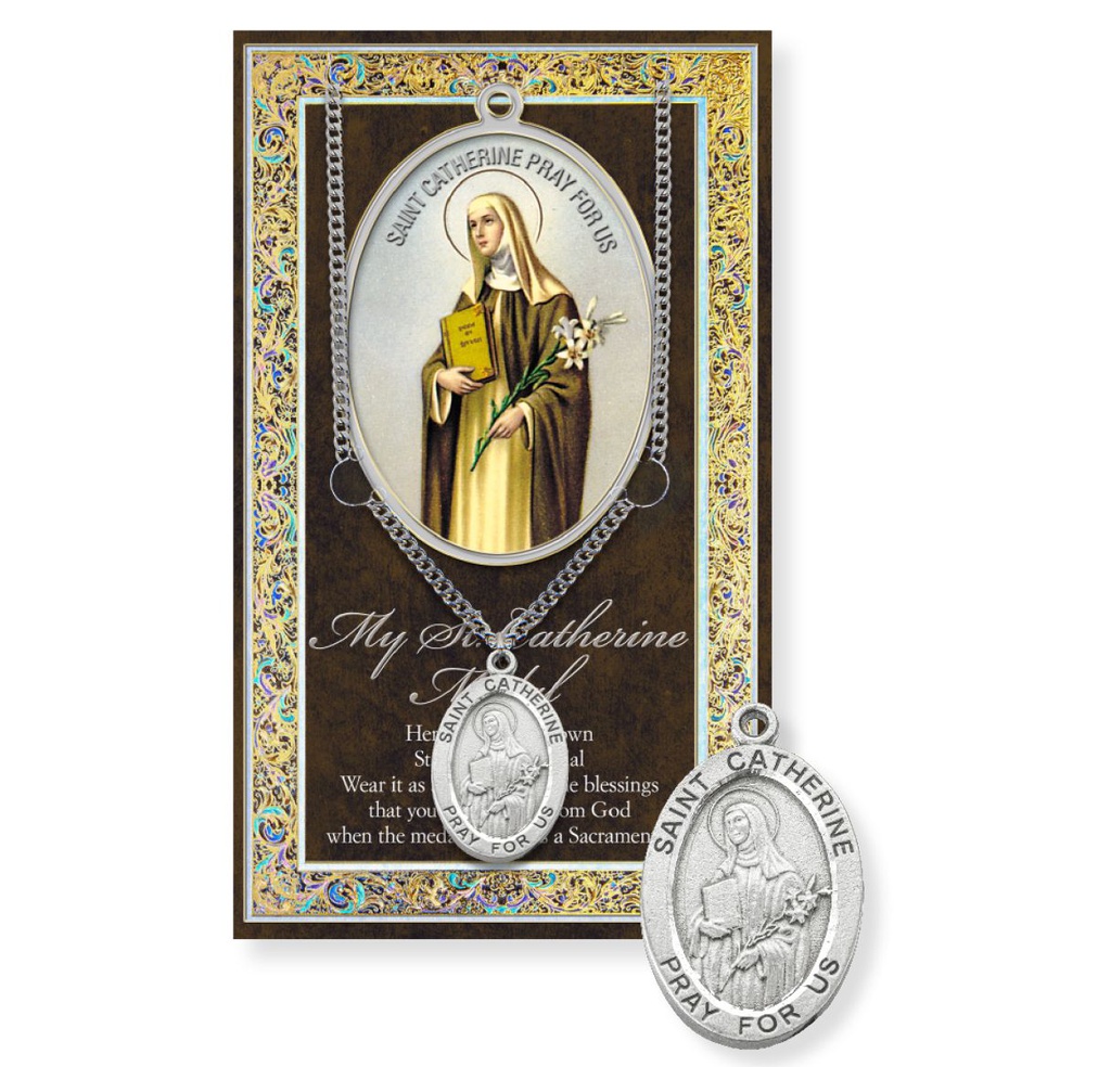 St. Catherine Genuine Pewter Medal on a 24" Chain with Biography and Picture Folder