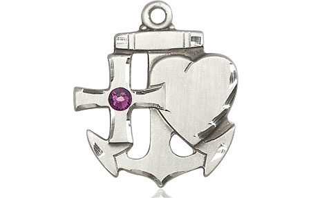 Sterling Silver Faith, Hope &amp; Charity Medal with a 3mm Amethyst Swarovski stone