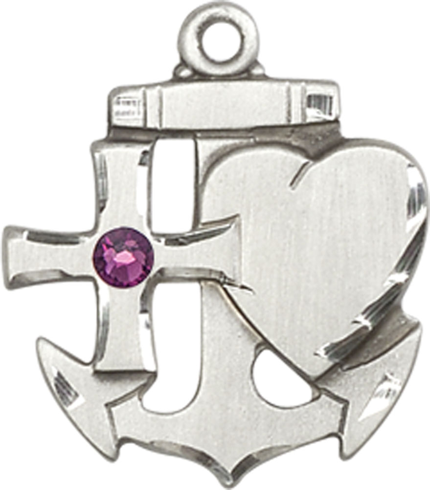 Sterling Silver Faith, Hope &amp; Charity Medal with a 3mm Amethyst Swarovski stone