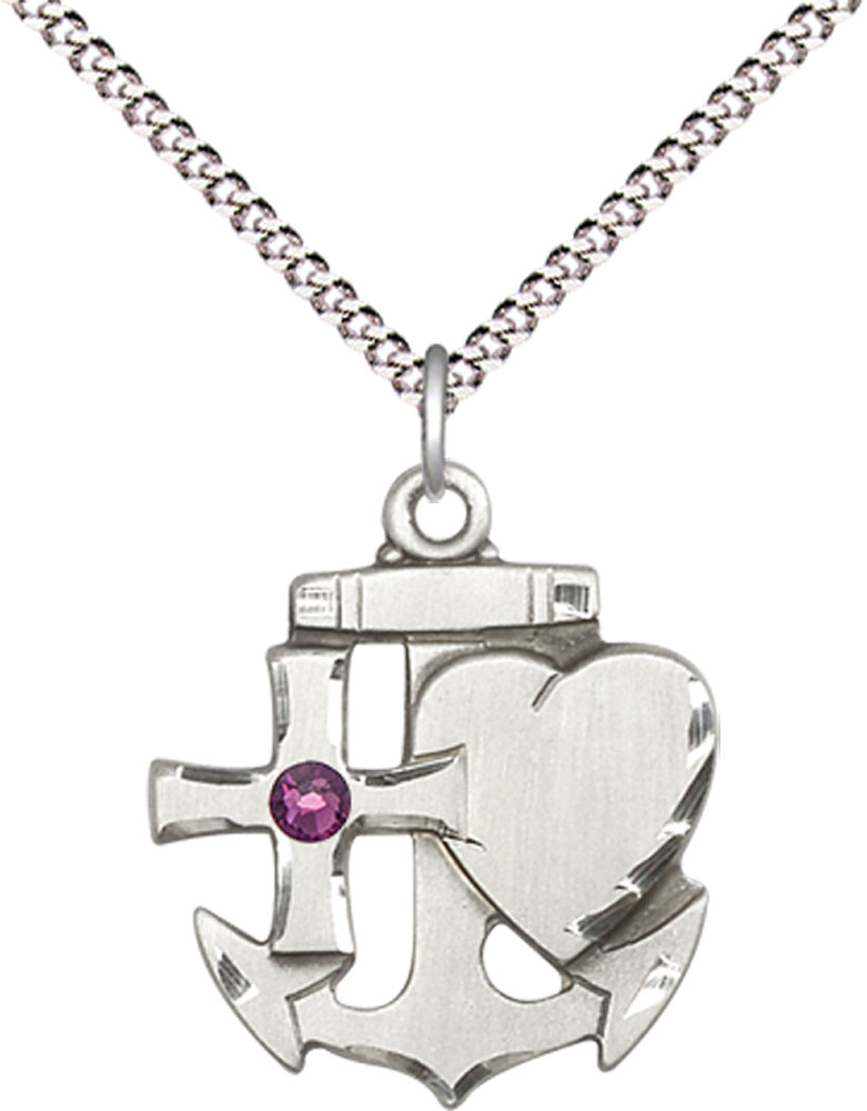 Sterling Silver Faith, Hope &amp; Charity Pendant with a 3mm Amethyst Swarovski stone on a 18 inch Light Rhodium Light Curb chain