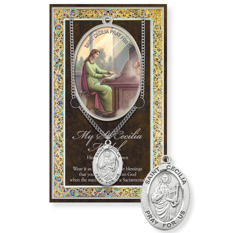 St. Cecilia Genuine Pewter Medal on a 24" Chain with Biography and Picture Folder