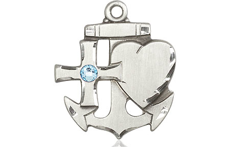 Sterling Silver Faith, Hope &amp; Charity Medal with a 3mm Aqua Swarovski stone