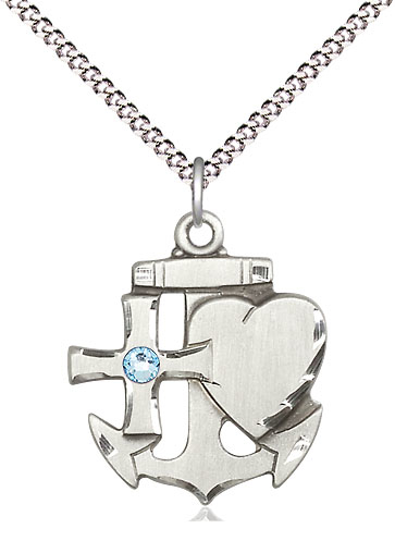 Sterling Silver Faith, Hope &amp; Charity Pendant with a 3mm Aqua Swarovski stone on a 18 inch Light Rhodium Light Curb chain