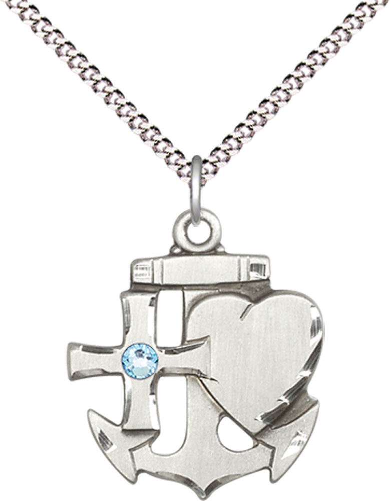 Sterling Silver Faith, Hope &amp; Charity Pendant with a 3mm Aqua Swarovski stone on a 18 inch Light Rhodium Light Curb chain