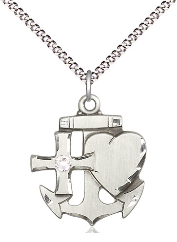 Sterling Silver Faith, Hope &amp; Charity Pendant with a 3mm Crystal Swarovski stone on a 18 inch Light Rhodium Light Curb chain